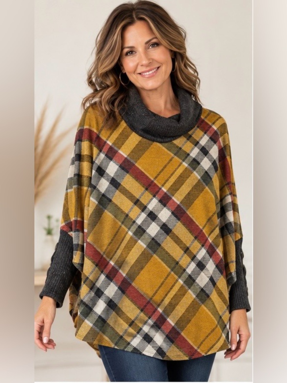 Chris & Carol Plaid Poncho Tunic Sweater • Cowl Neck • 3/4 Length Sleeves NWOT
